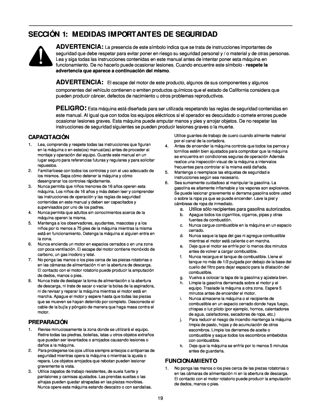 MTD 24A-020D000 manual SECCIÓN 1 MEDIDAS IMPORTANTES DE SEGURIDAD, Capacitación, Preparación, Funcionamiento 
