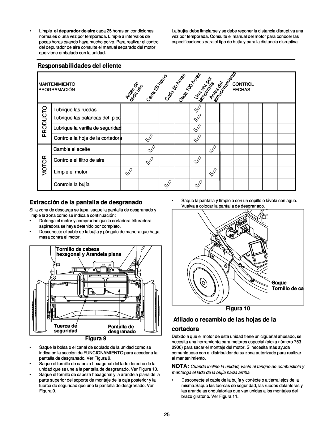 MTD 24A-020D000 manual Afilado o recambio de las hojas de la cortadora, Responsabilidades del cliente, Figura 