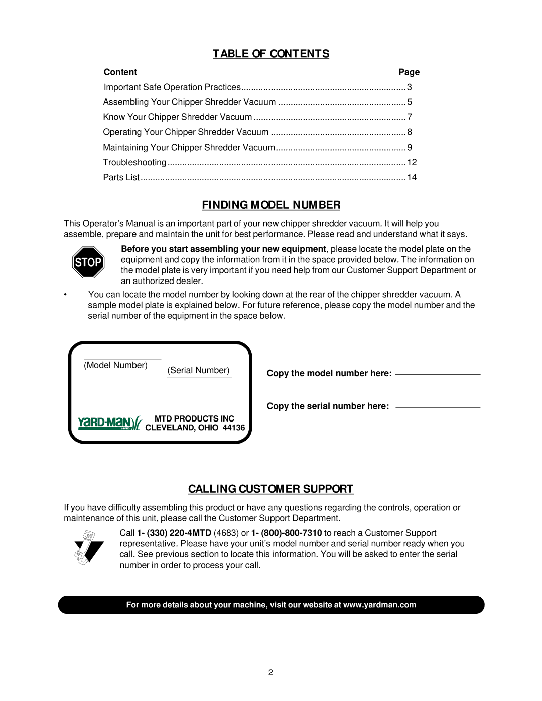 MTD 24A-020D401 manual Table of Contents 