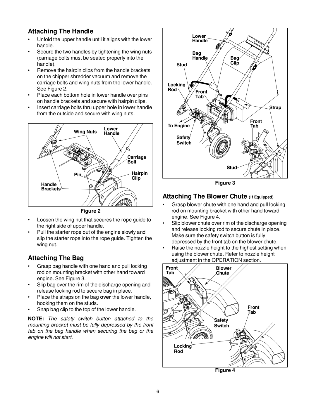 MTD 24A-020D401 manual Attaching The Handle, Attaching The Bag, Attaching The Blower Chute If Equipped 