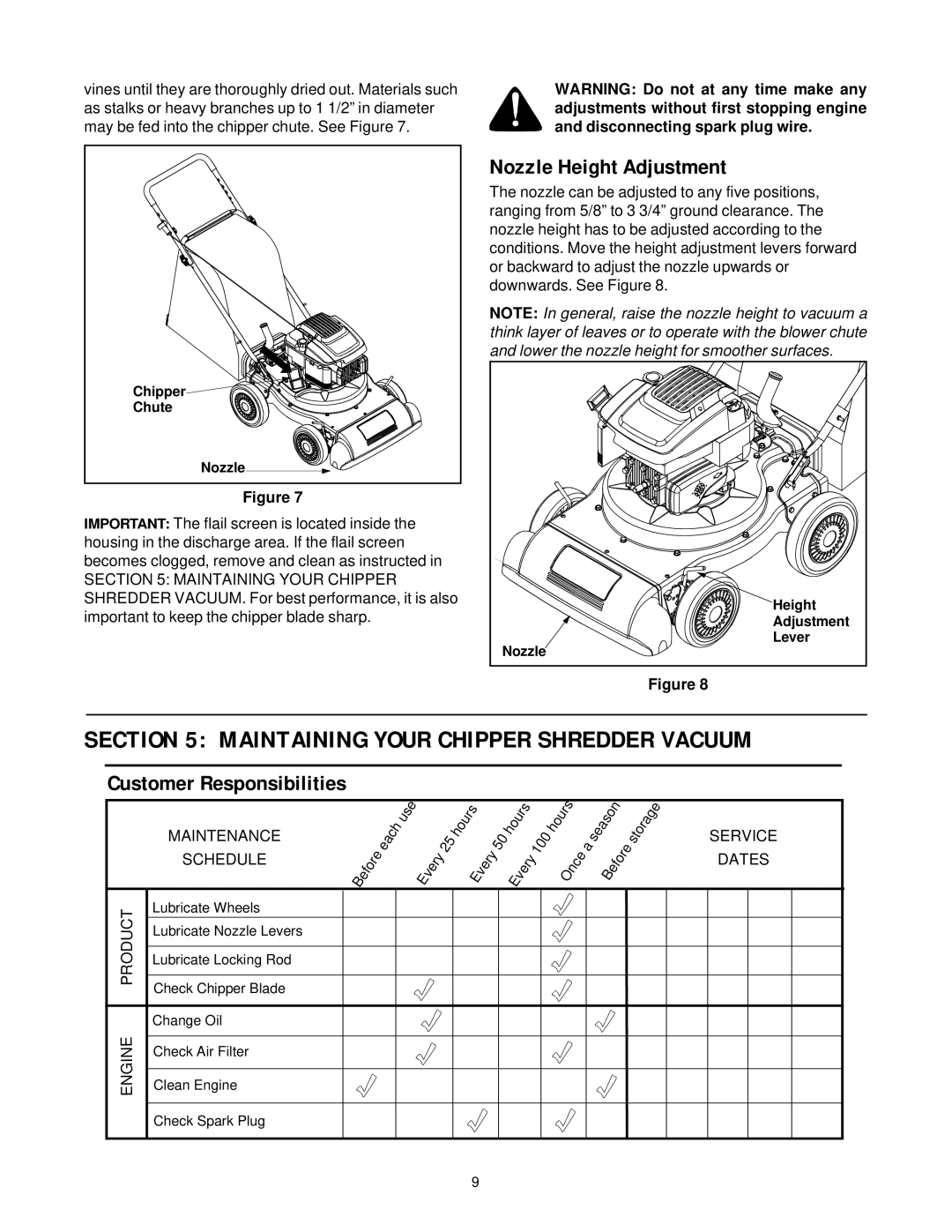 MTD 24A-020D401 manual Maintaining Your Chipper Shredder Vacuum, Nozzle Height Adjustment 