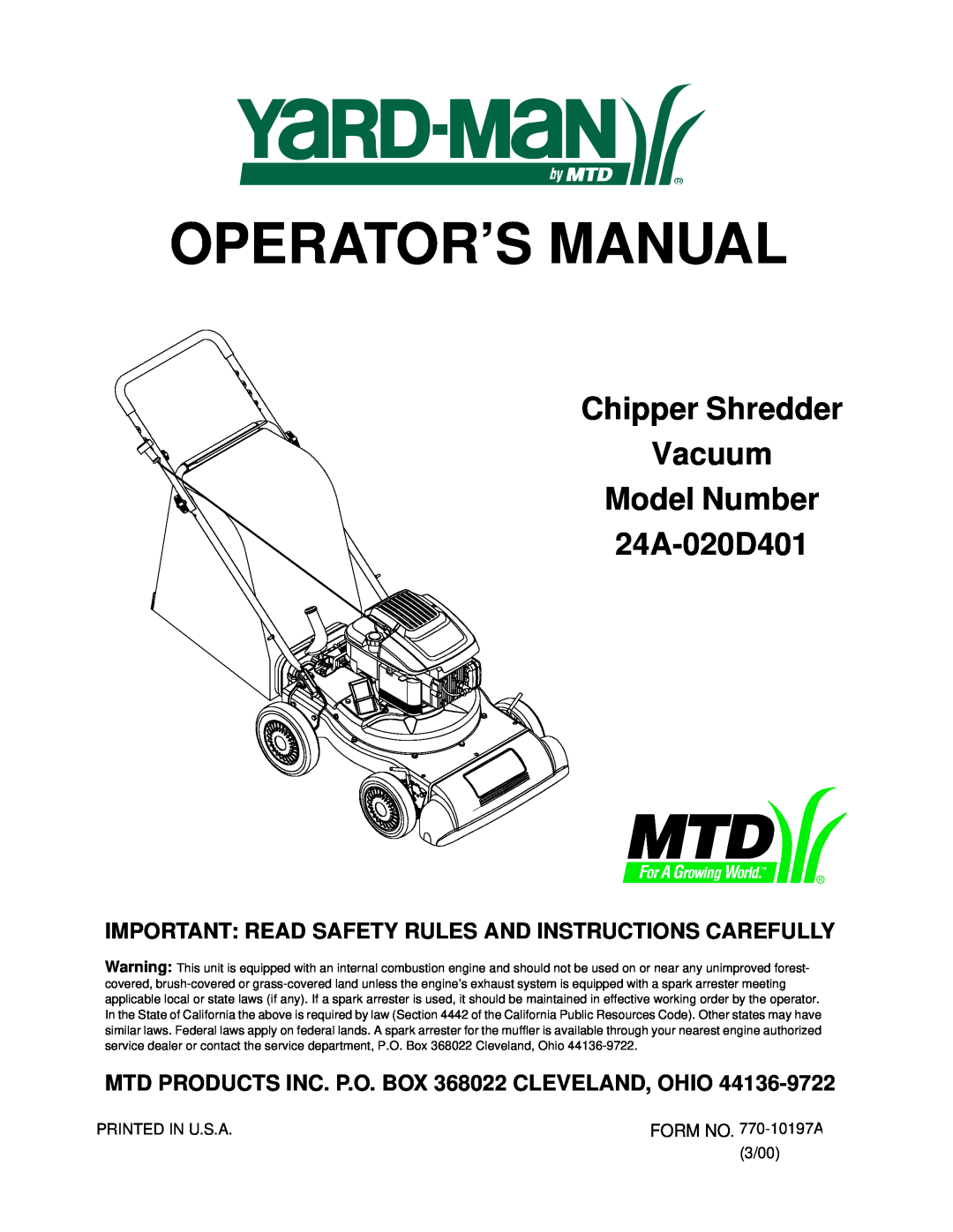 MTD manual Operator’S Manual, Chipper Shredder Vacuum Model Number 24A-020D401 