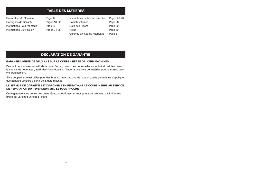 MTD 25P manual Table DES Matières, Declaration DE Garantie 