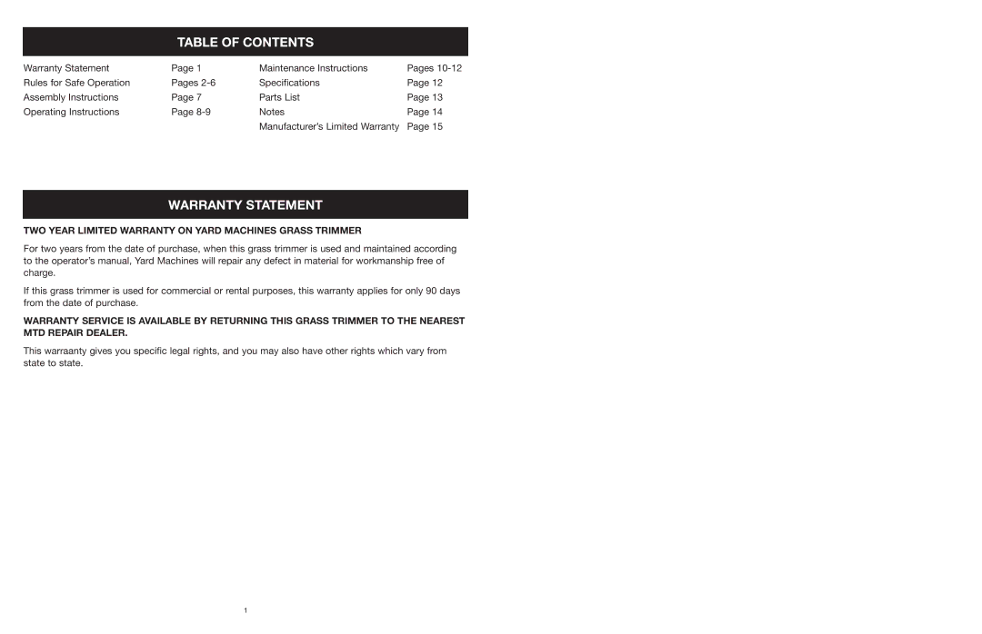 MTD 25P manual Table of Contents, Warranty Statement 