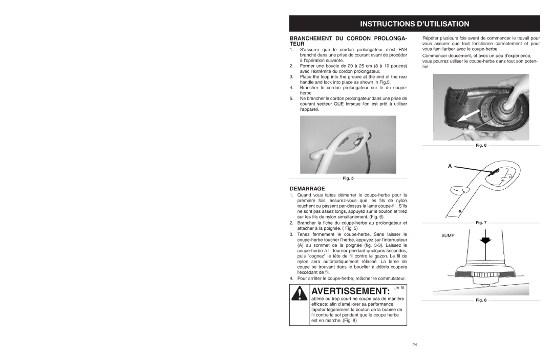 MTD 25P manual Instructions D’UTILISATION, Branchement DU Cordon PROLONGA- Teur, Demarrage 