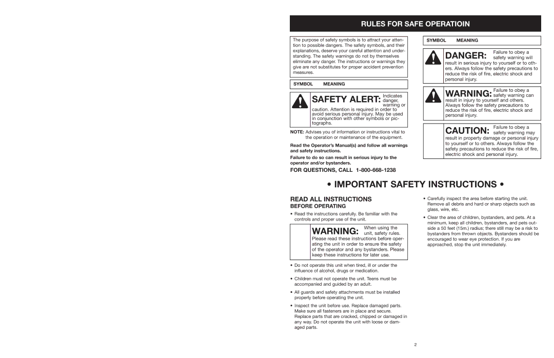 MTD 25P manual Rules for Safe Operatioin, Indicates danger, warning or 