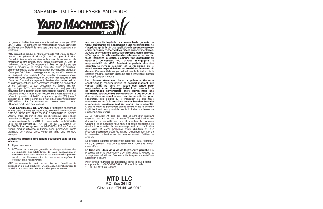 MTD 25P manual Garantie Limitée DU Fabricant Pour 