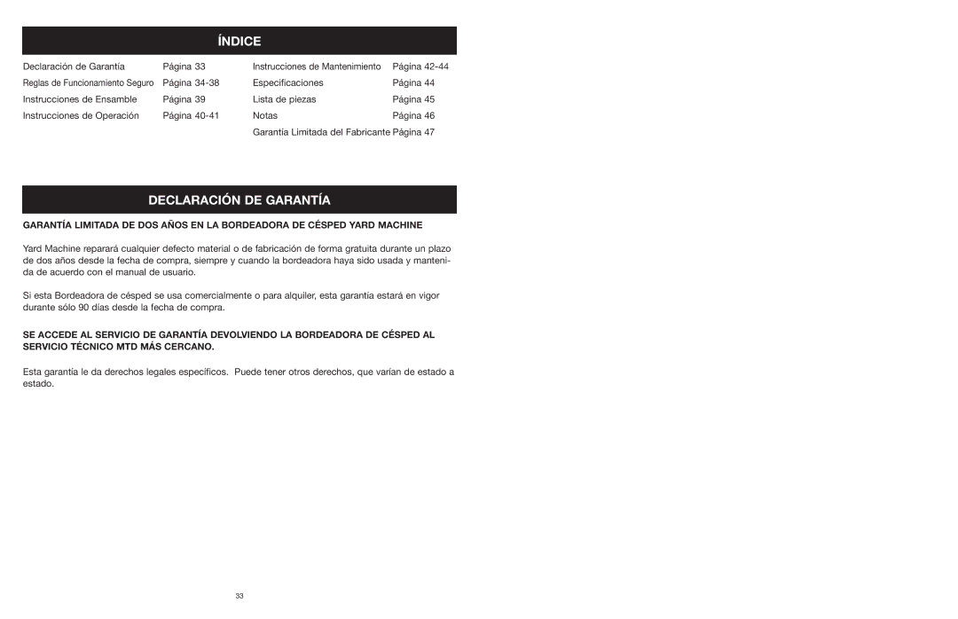 MTD 25P manual Índice, Declaración DE Garantía 