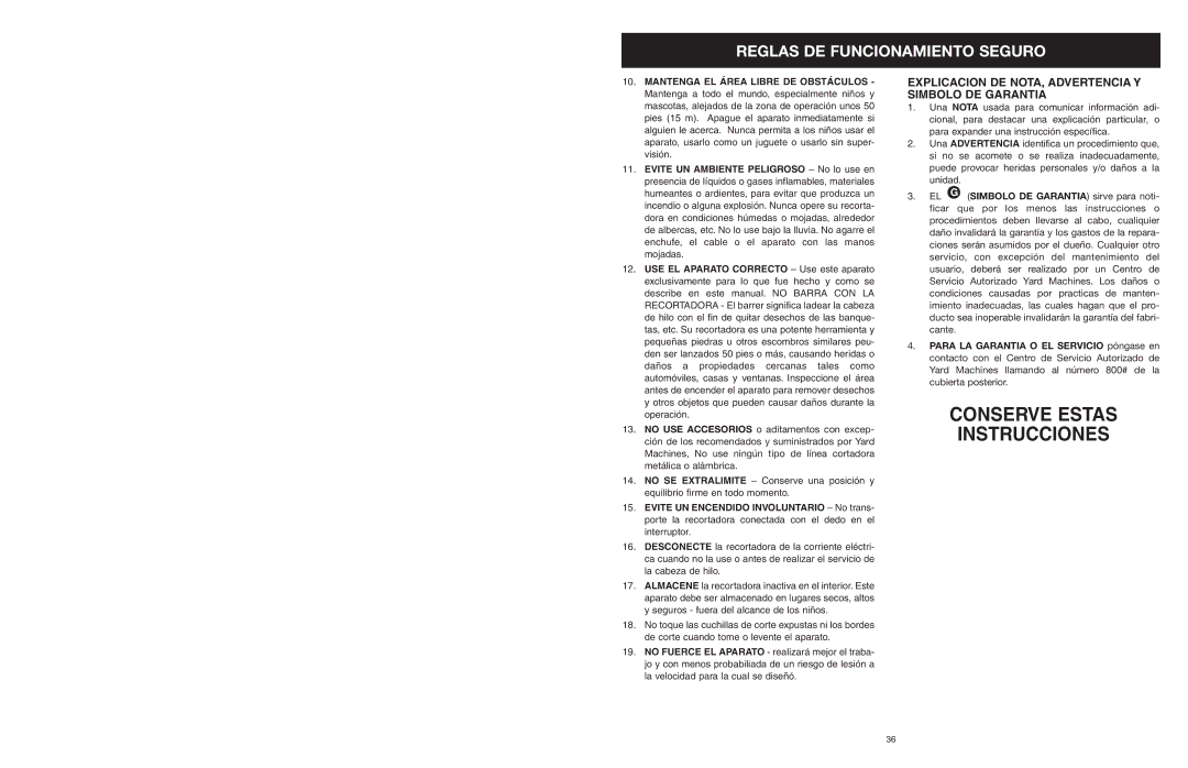 MTD 25P manual Conserve Estas Instrucciones, Explicacion DE NOTA, Advertencia Y Simbolo DE Garantia 