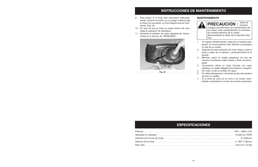 MTD 25P manual Especificaciones, Maintenimiento 