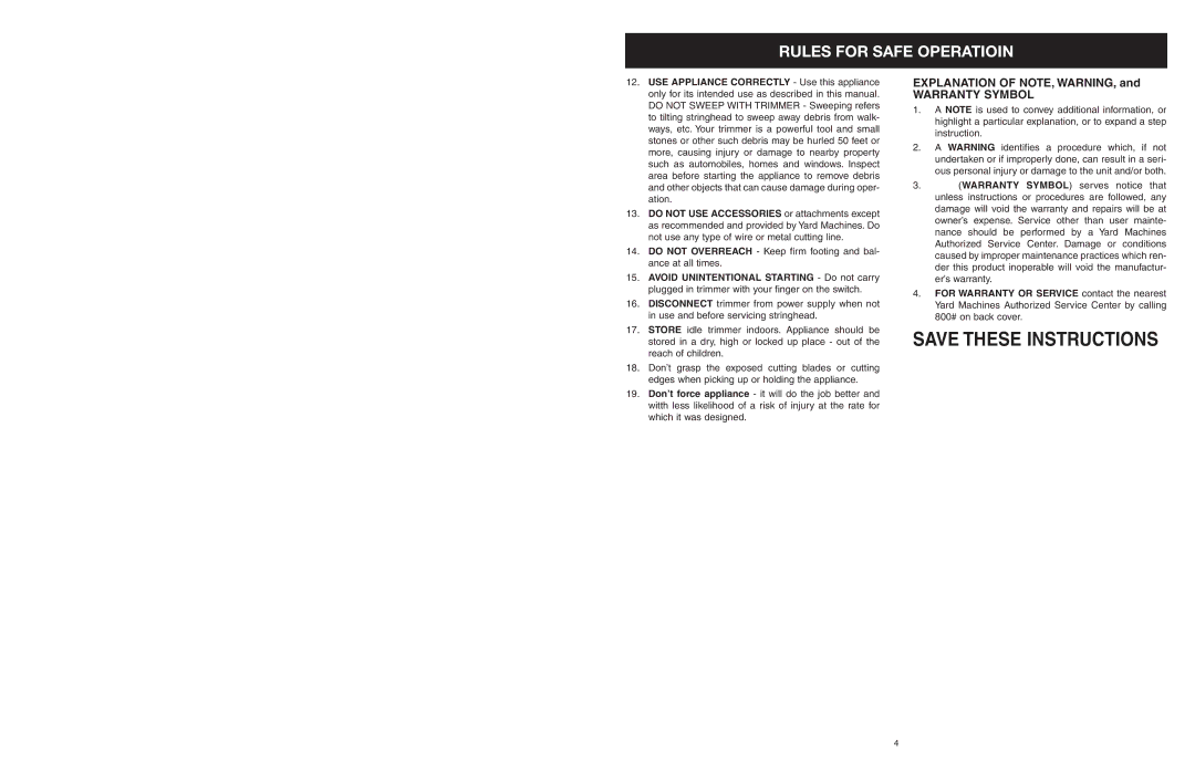 MTD 25P manual Warranty Symbol 