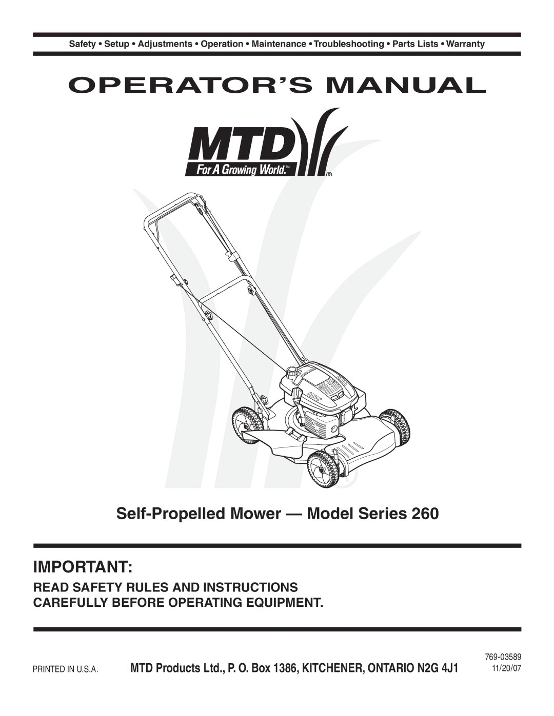 MTD 260 Series warranty OPERATOR’S Manual, Self-Propelled Mower Model Series 