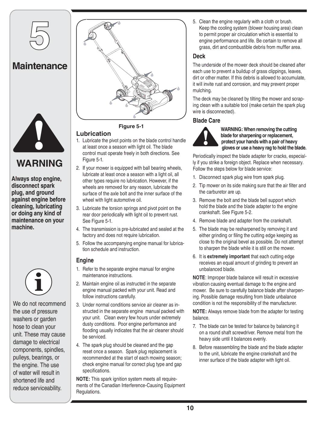 MTD 260 Series warranty Maintenance, Lubrication, Engine, Deck, Blade Care 