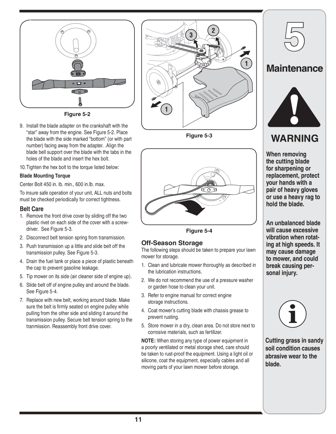 MTD 260 Series Belt Care, Off-Season Storage, Tighten the hex bolt to the torque listed below, Blade Mounting Torque 