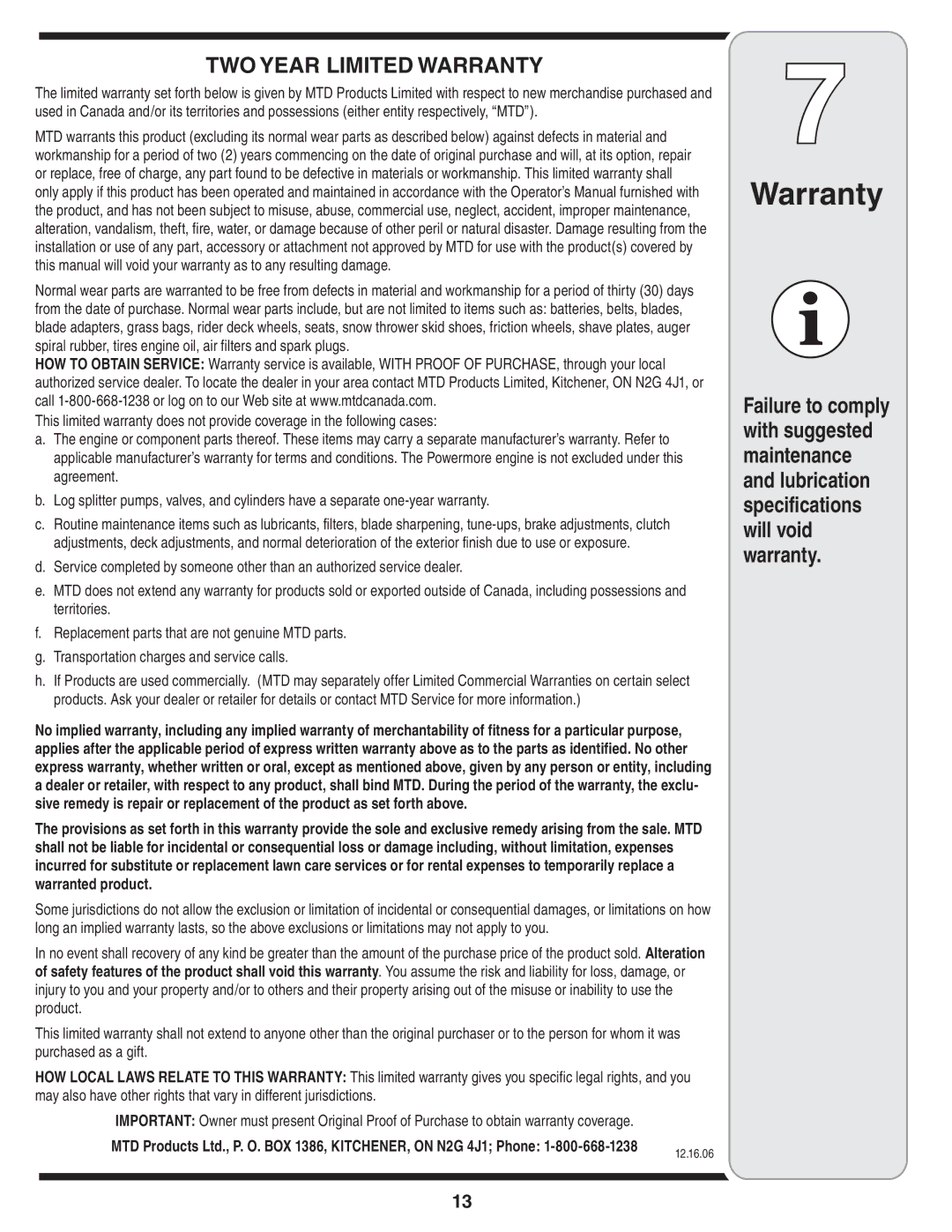 MTD 260 Series warranty TWO Year Limited Warranty 