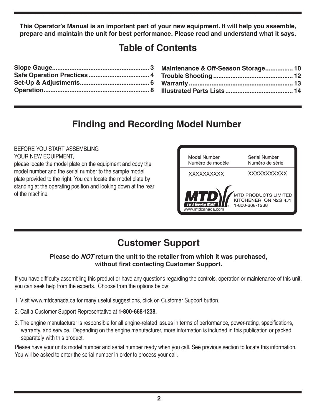 MTD 260 Series warranty Table of Contents, Finding and Recording Model Number, Customer Support 