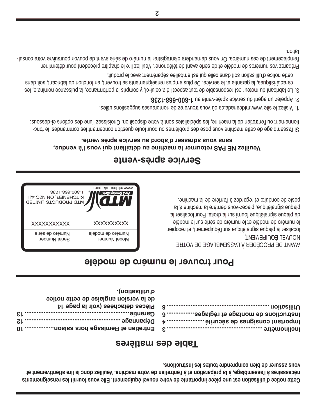 MTD 260 Series warranty Vente-après Service, Modèle de numéro le trouver Pour, Matières des Table, 1238-668-800-1 