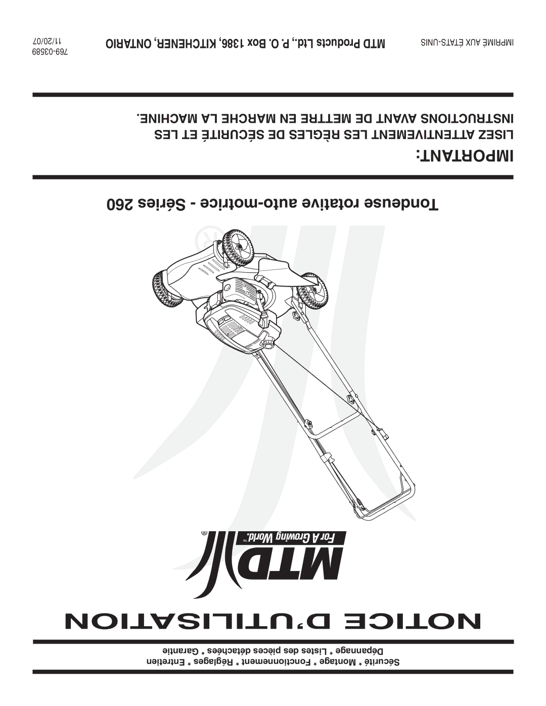 MTD 260 Series warranty ’UTILISATION Notice, Important 260 Séries motrice-auto rotative Tondeuse 