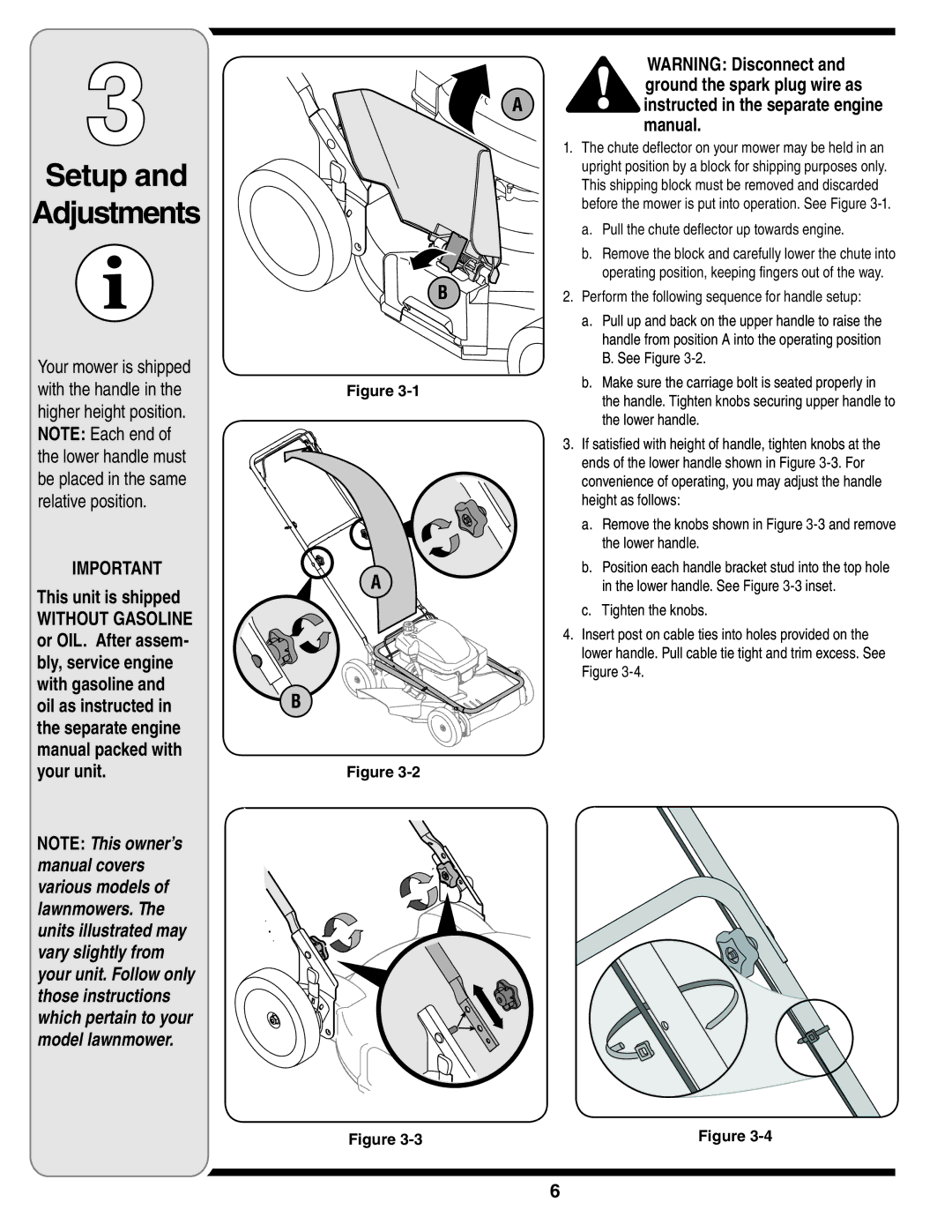 MTD 260 Series warranty Setup Adjustments, Ainstructed in the separate engine manual, This unit is shipped 