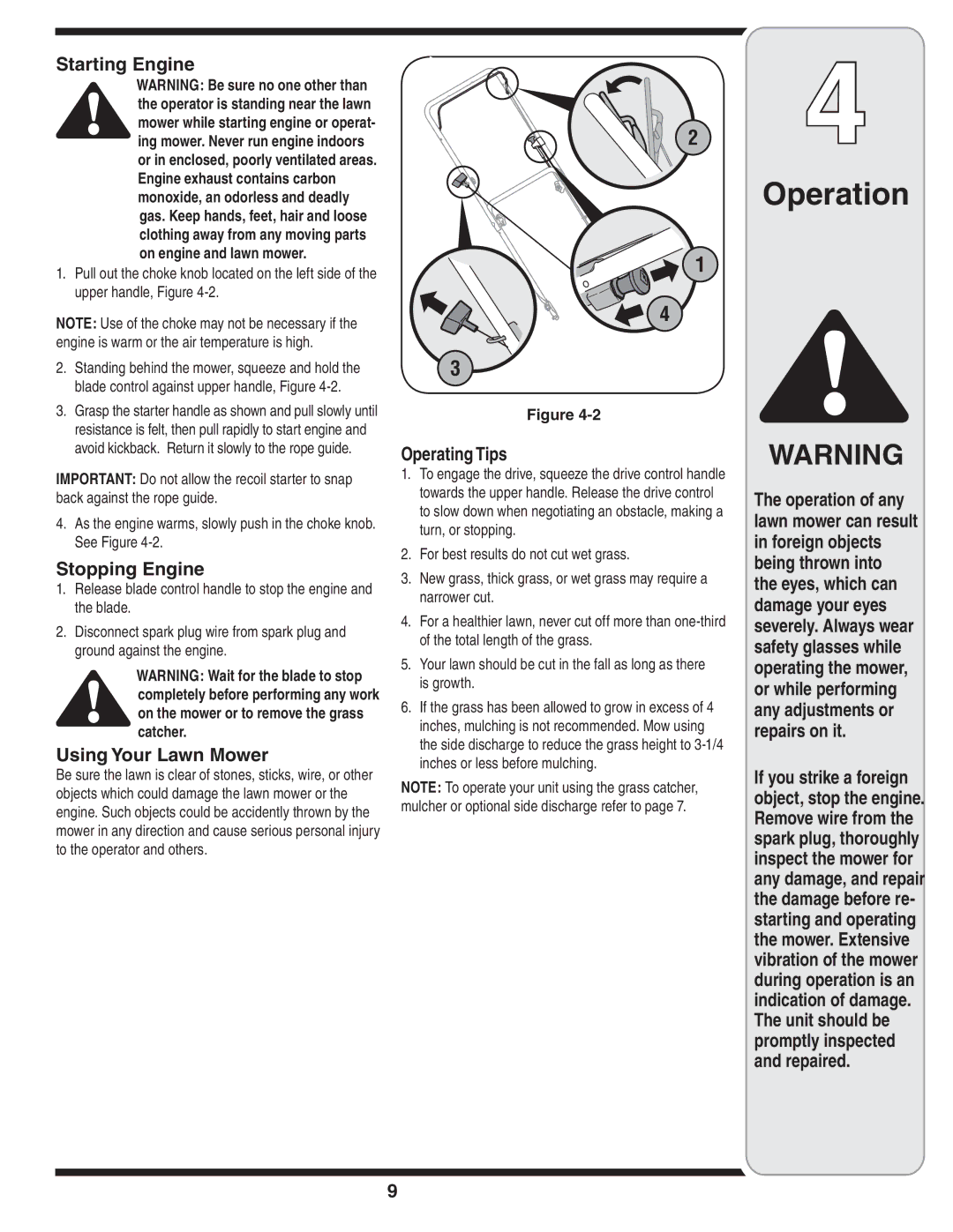 MTD 260 Series warranty Starting Engine, Stopping Engine, Using Your Lawn Mower, Operating Tips 