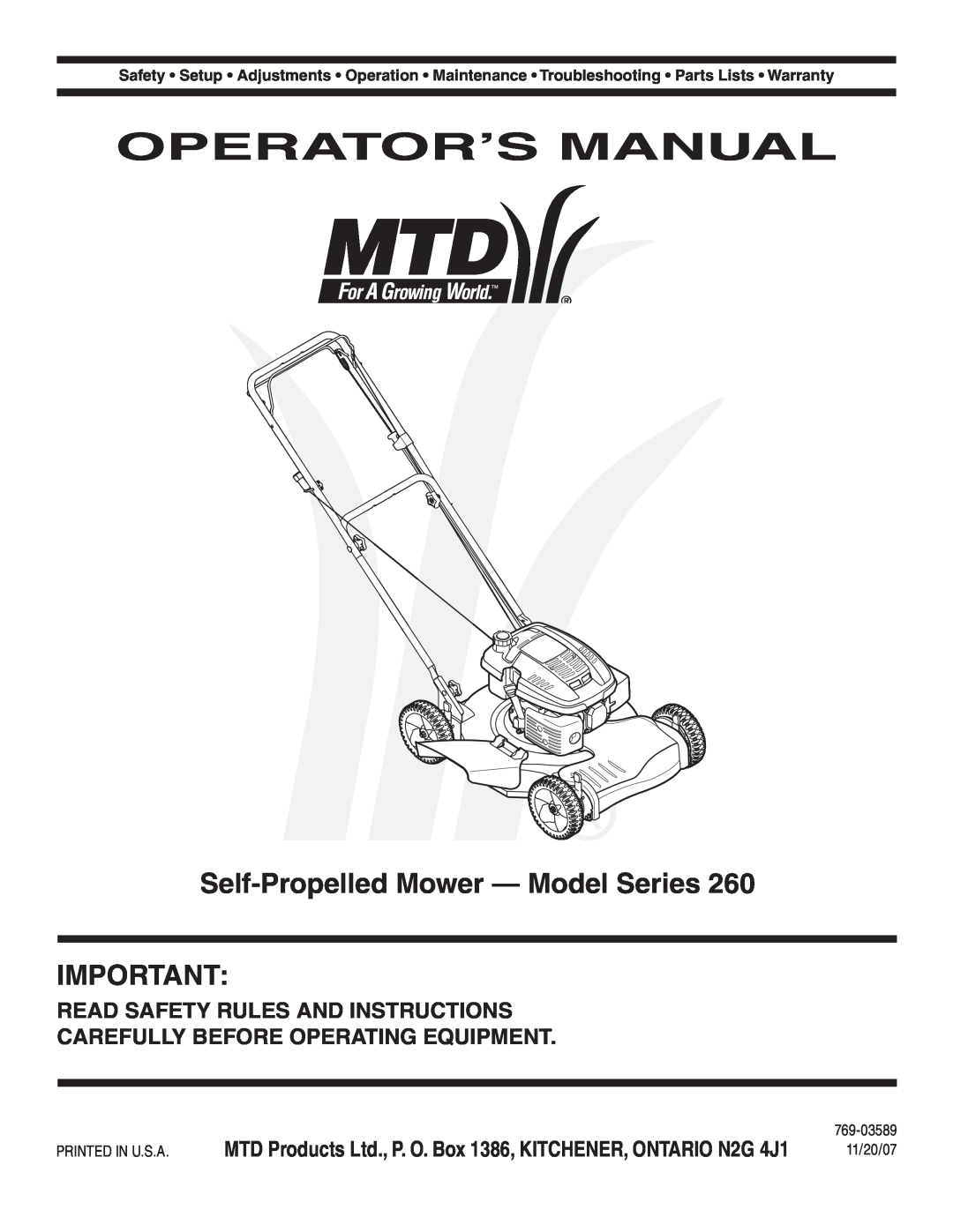 MTD 260 Series warranty Operator’S Manual, Self-Propelled Mower - Model Series, Read Safety Rules And Instructions 