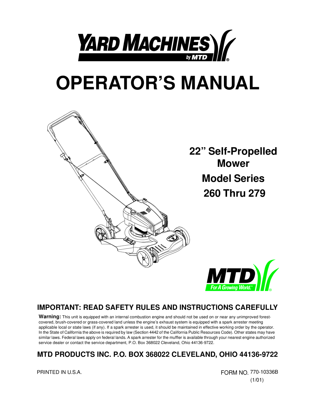 MTD 260 Thru 279 manual OPERATOR’S Manual 