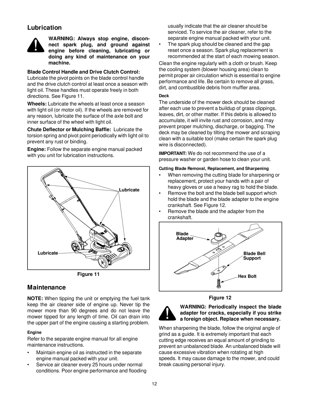 MTD 260 Thru 279 manual Lubrication, Maintenance, Engine, Deck, Cutting Blade Removal, Replacement, and Sharpening 