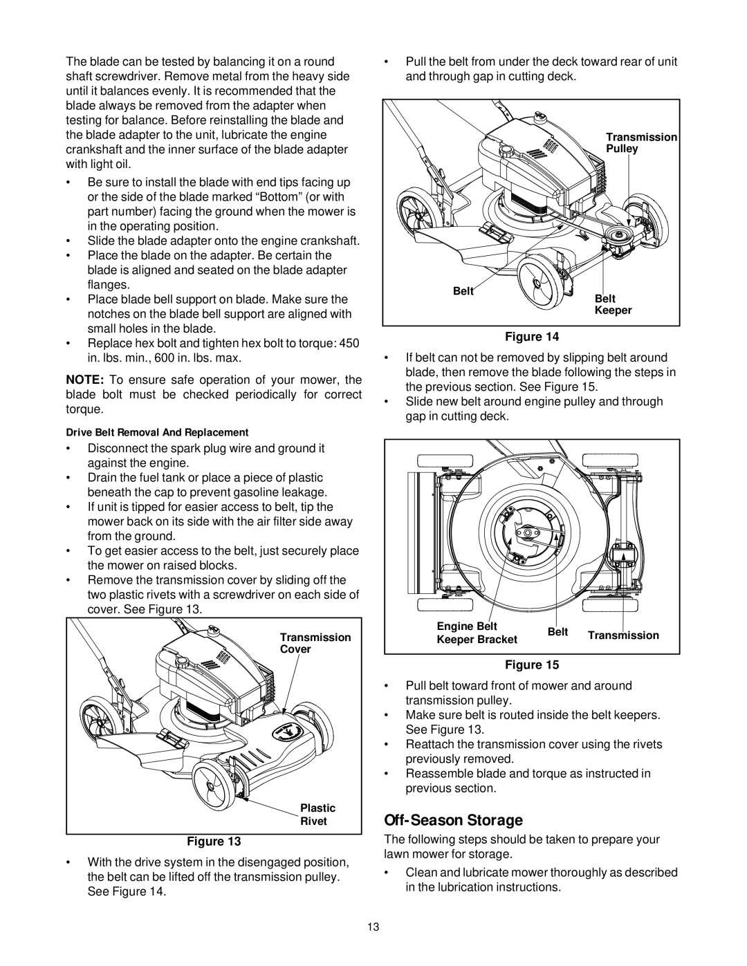 MTD 260 Thru 279 manual Off-Season Storage, Drive Belt Removal And Replacement 