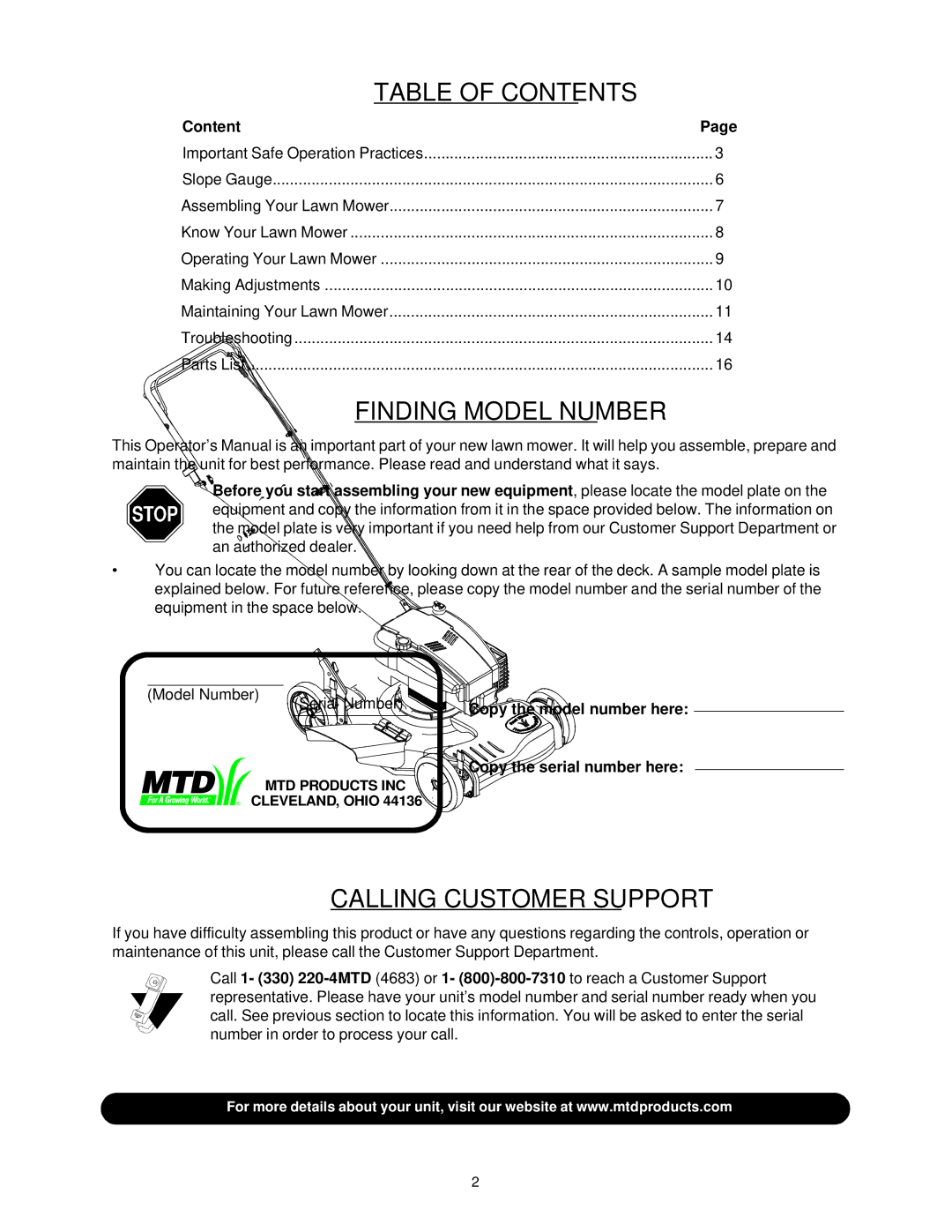 MTD 260 Thru 279 manual Table of Contents 