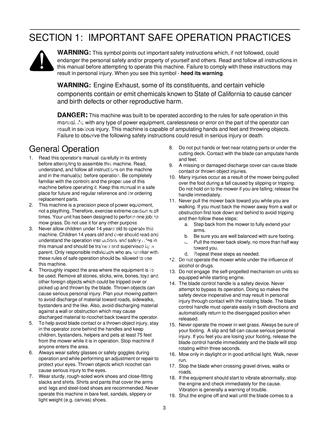 MTD 260 Thru 279 manual Important Safe Operation Practices, General Operation 