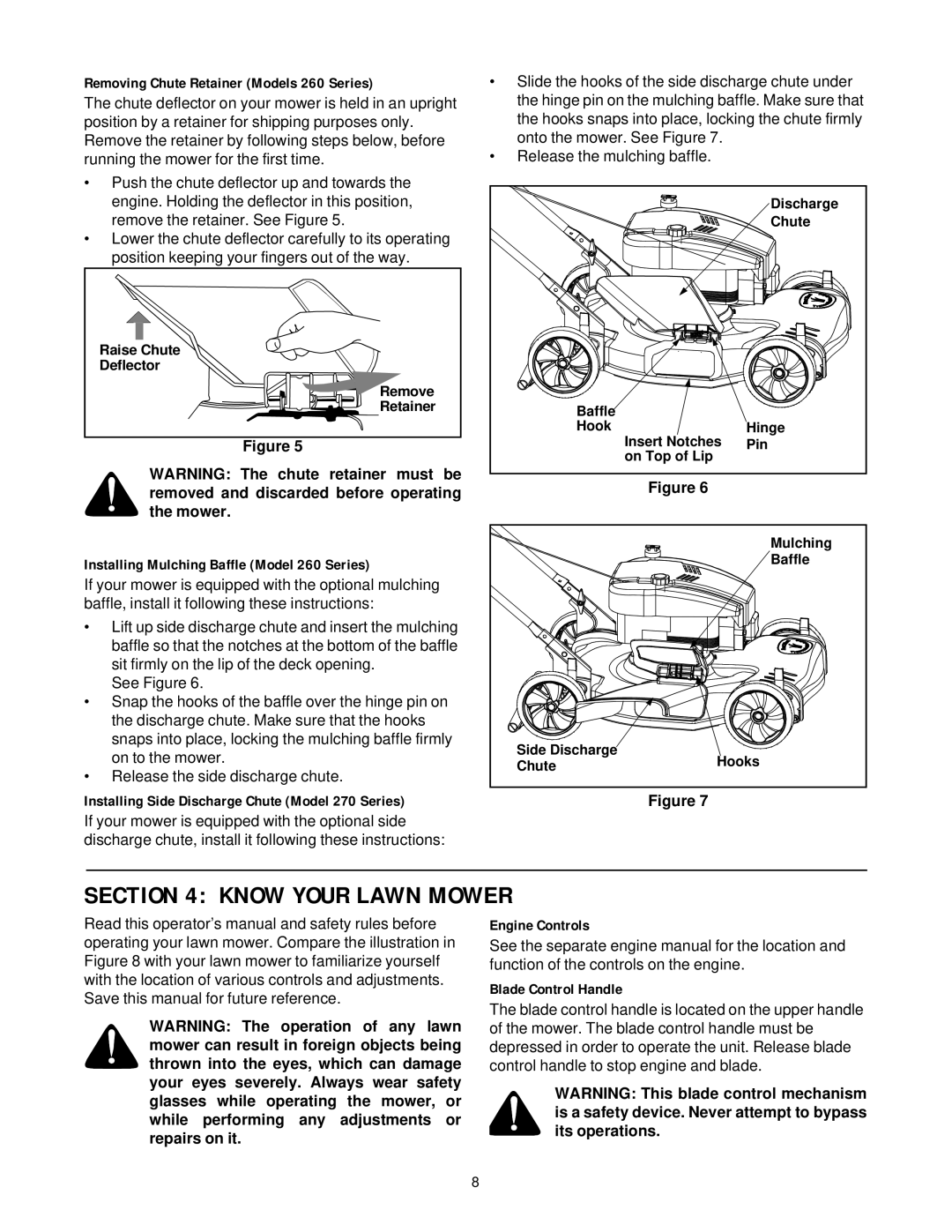 MTD 260 Thru 279 Know Your Lawn Mower, Removing Chute Retainer Models 260 Series, Engine Controls, Blade Control Handle 