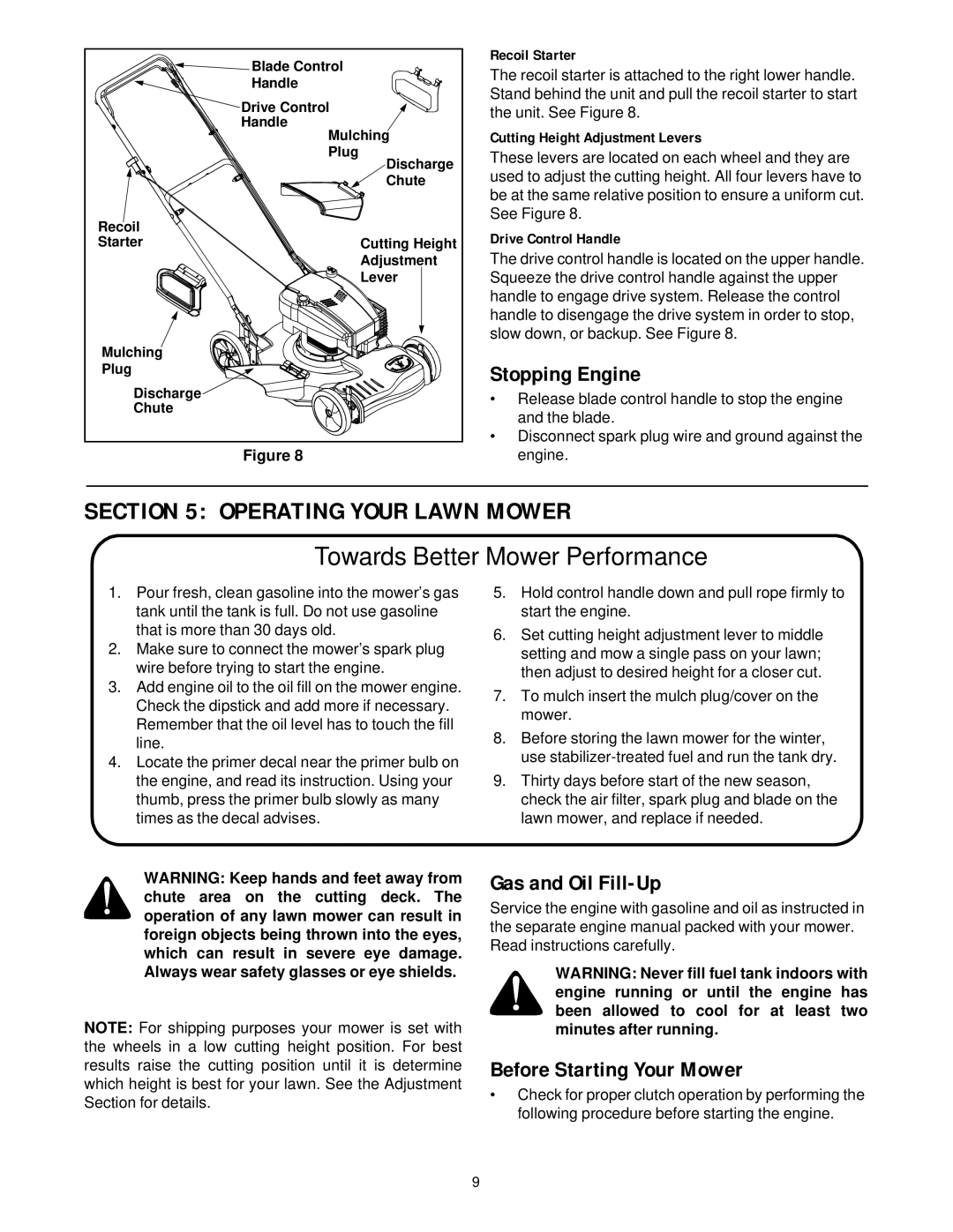 MTD 260 Thru 279 manual Operating Your Lawn Mower, Stopping Engine, Gas and Oil Fill-Up, Before Starting Your Mower 