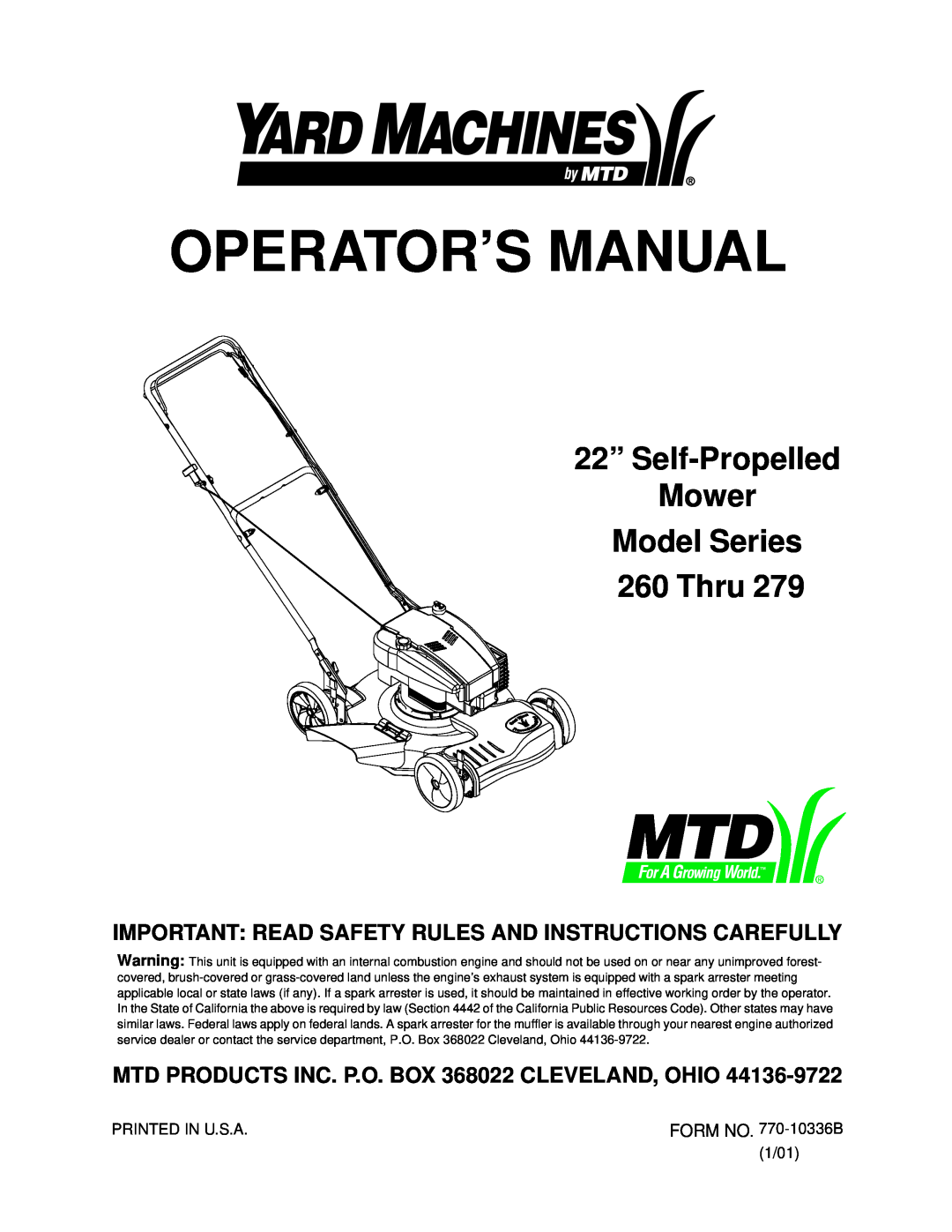 MTD 260 Thru 279 manual Operator’S Manual, 22” Self-Propelled Mower Model Series 260 Thru 