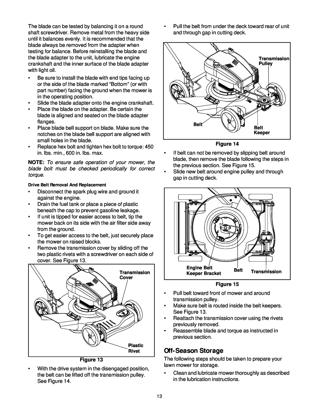 MTD 260 Thru 279 manual Off-Season Storage, Drive Belt Removal And Replacement 