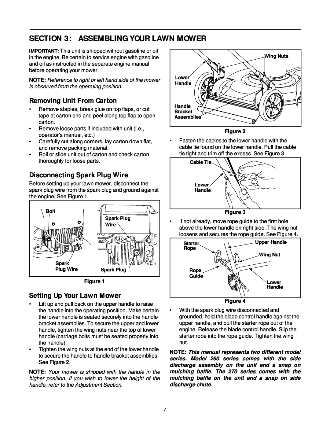 MTD 260 Thru 279 manual Assembling Your Lawn Mower, Removing Unit From Carton, Disconnecting Spark Plug Wire 