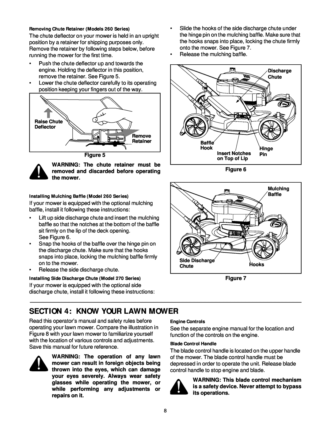 MTD 260 Thru 279 Know Your Lawn Mower, Removing Chute Retainer Models 260 Series, Engine Controls, Blade Control Handle 
