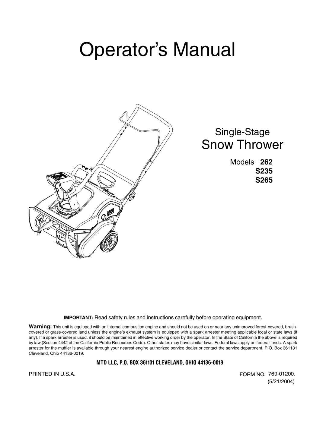 MTD S265, 262 manual Operator’s Manual 