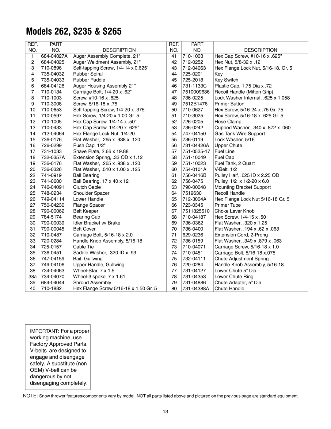 MTD manual Models 262, S235 & S265 