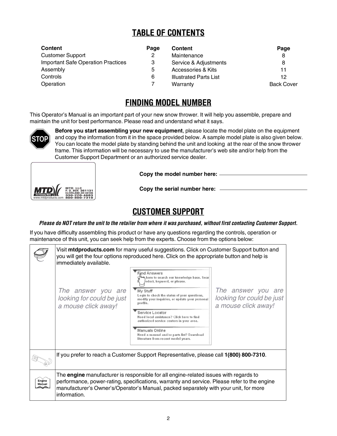 MTD 262, S265 manual Table of Contents 