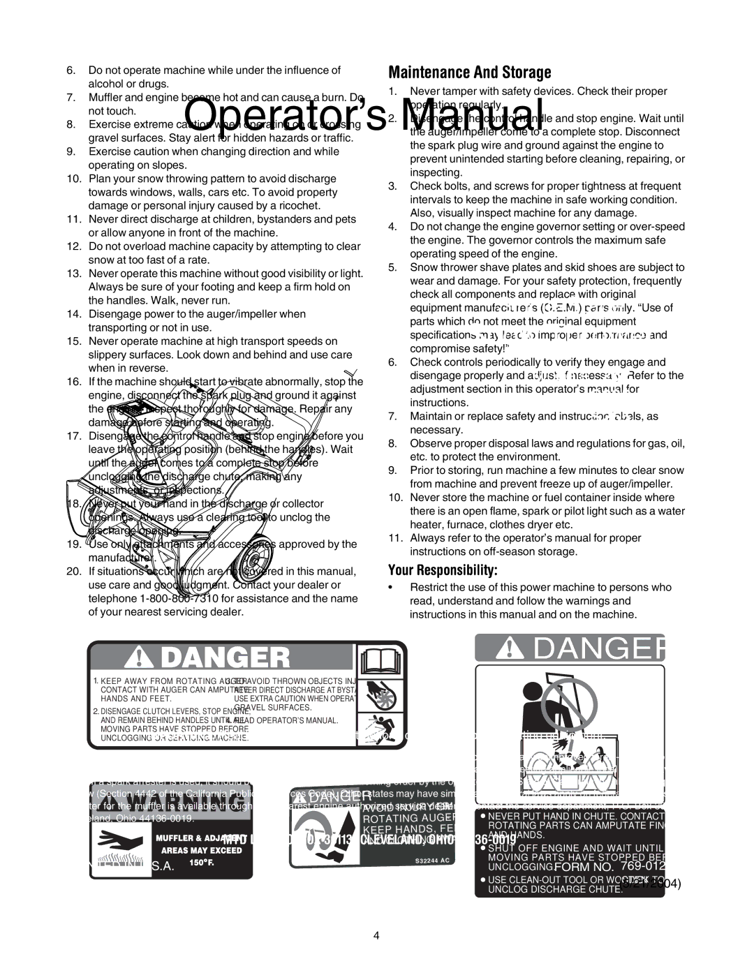 MTD 262, S265 manual Maintenance And Storage 