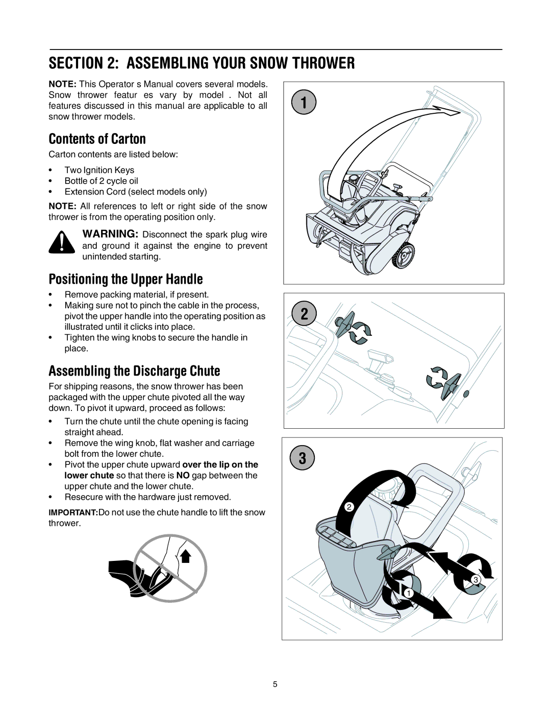 MTD S265 Assembling Your Snow Thrower, Contents of Carton, Positioning the Upper Handle, Assembling the Discharge Chute 