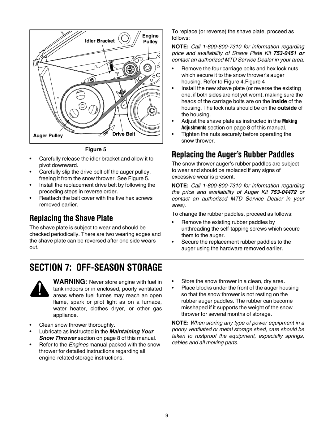 MTD S265, 262 manual Replacing the Shave Plate, Replacing the Auger’s Rubber Paddles 