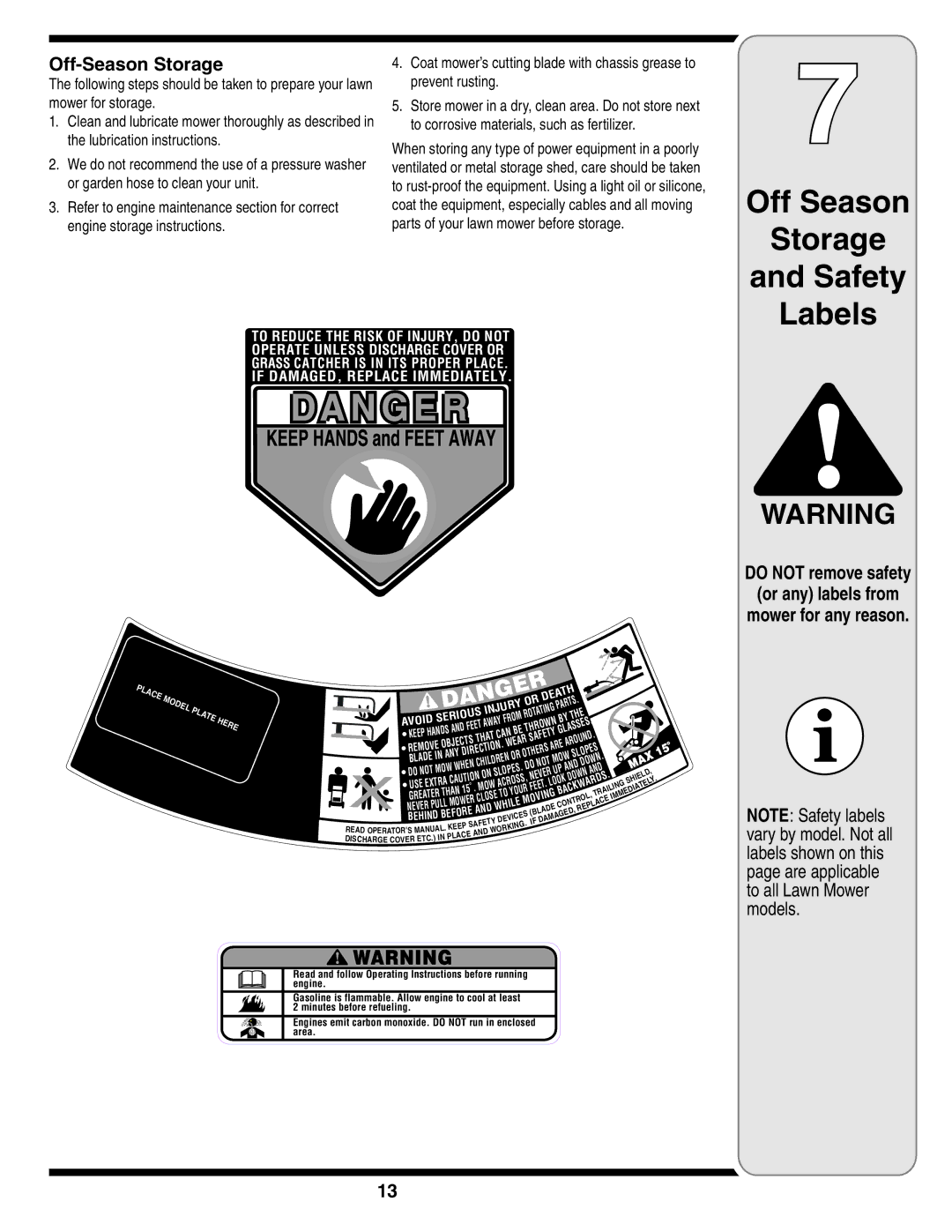 MTD 26M warranty Off Season Storage Safety Labels, Off-Season Storage 