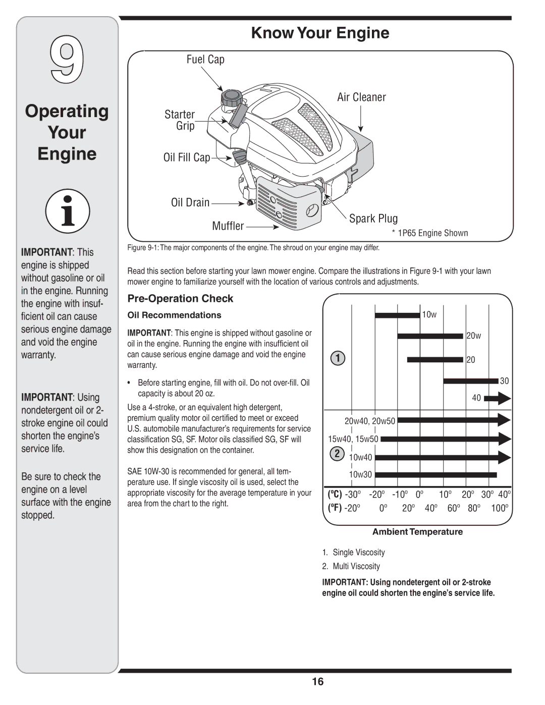 MTD 26M warranty Operating Your Engine, Know Your Engine, Pre-Operation Check, Oil Recommendations, Ambient Temperature 