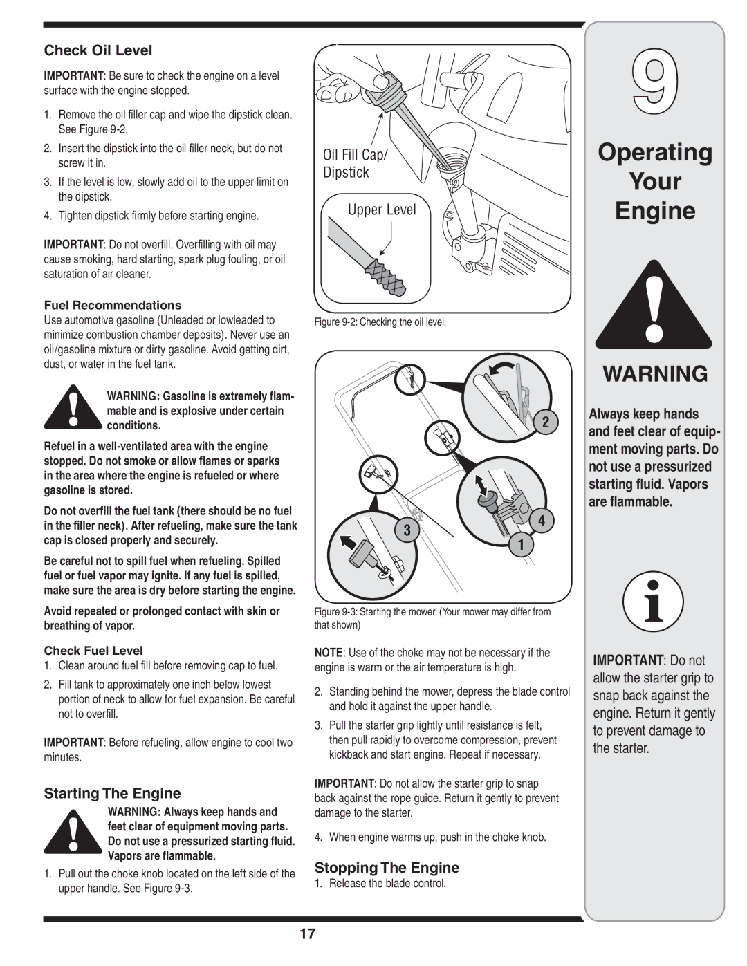 MTD 26M warranty Check Oil Level, Starting The Engine, Stopping The Engine, Fuel Recommendations, Release the blade control 