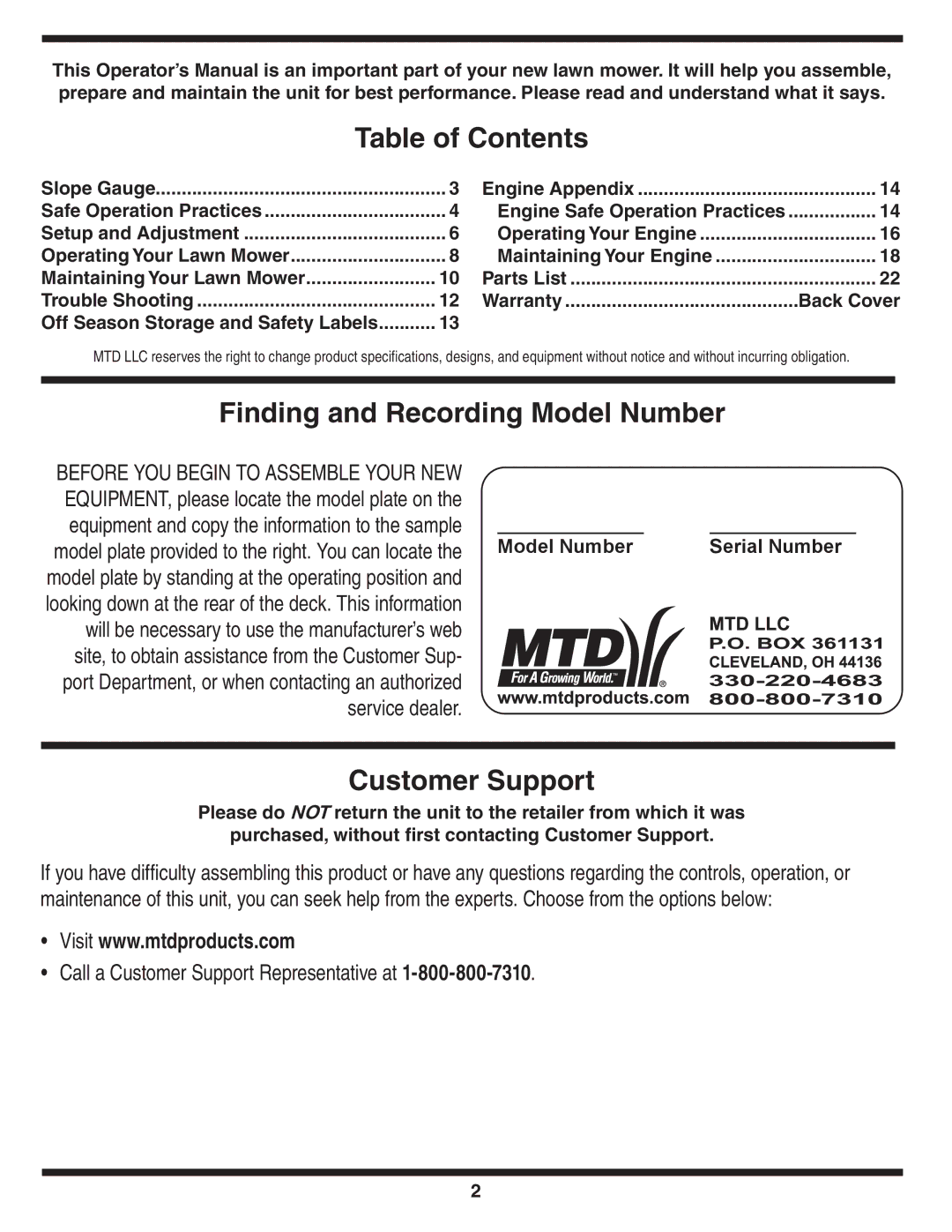 MTD 26M warranty Table of Contents, Finding and Recording Model Number, Customer Support 