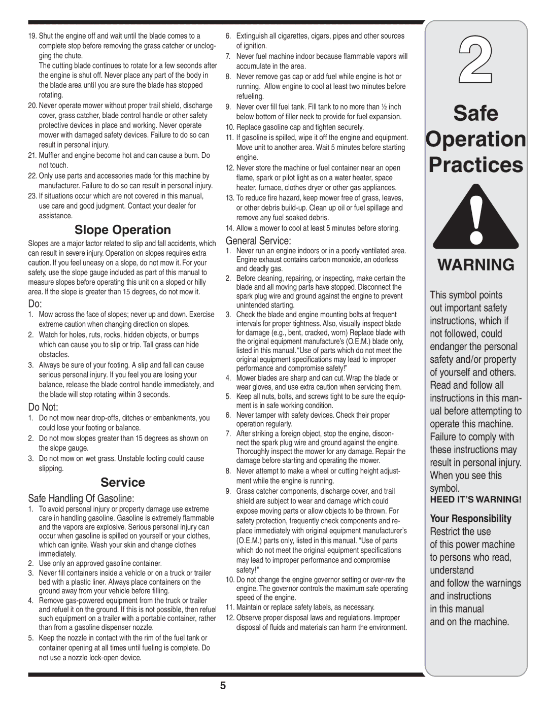 MTD 26M warranty Slope Operation, Service 