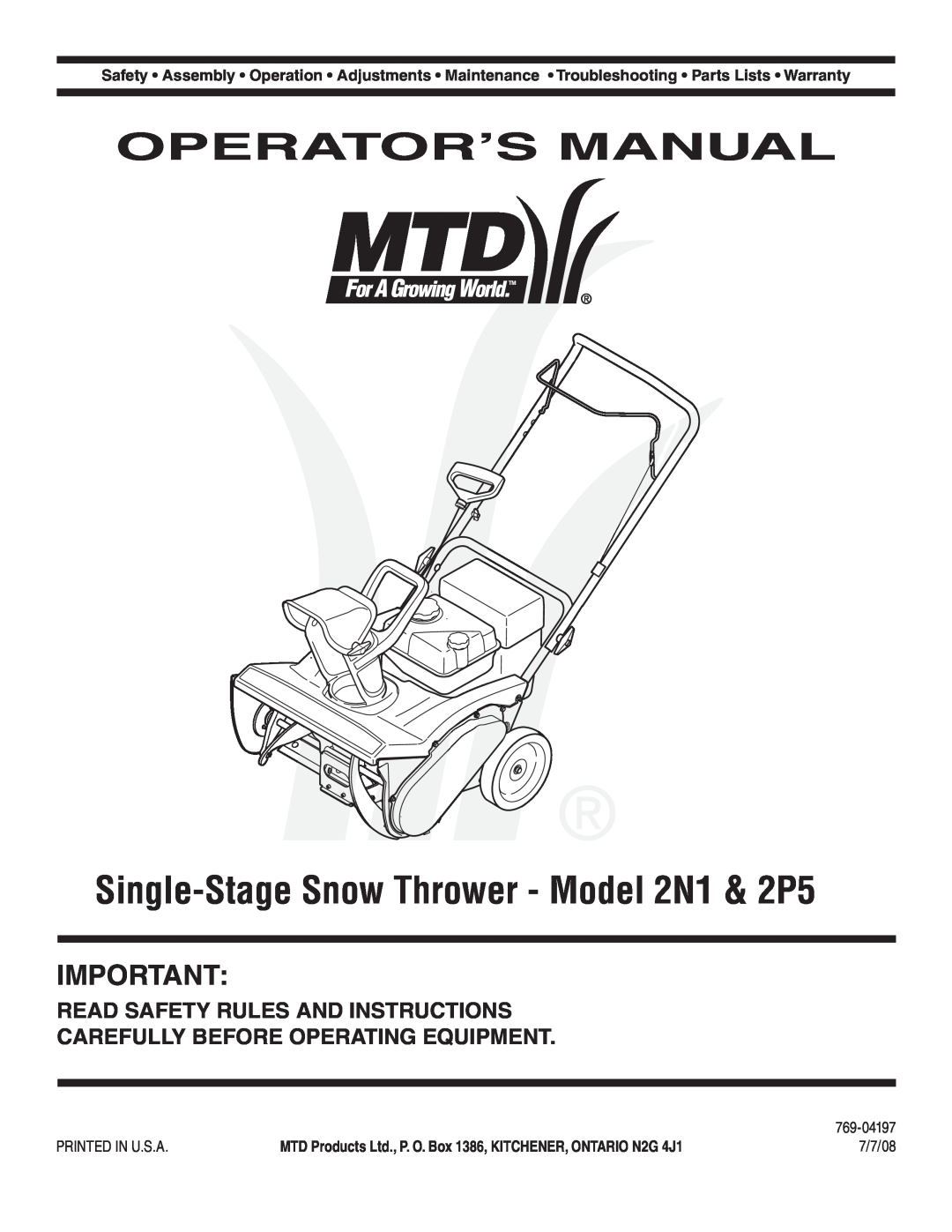 MTD warranty Operator’S Manual, Single-StageSnow Thrower - Model 2N1 & 2P5, Read Safety Rules And Instructions 