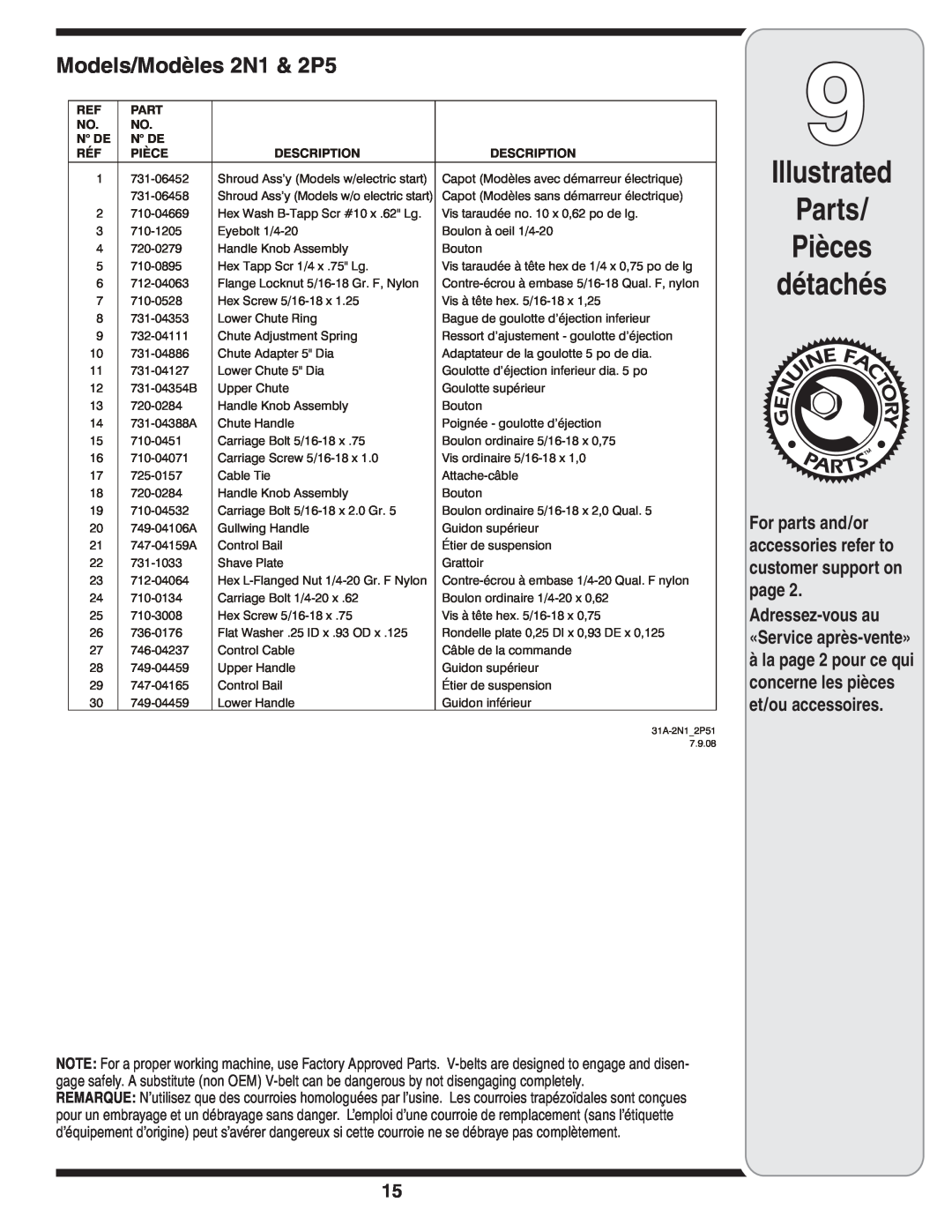 MTD warranty Illustrated Parts Pièces détachés, Models/Modèles 2N1 & 2P5, Adressez-vousau «Service après-vente», N De 