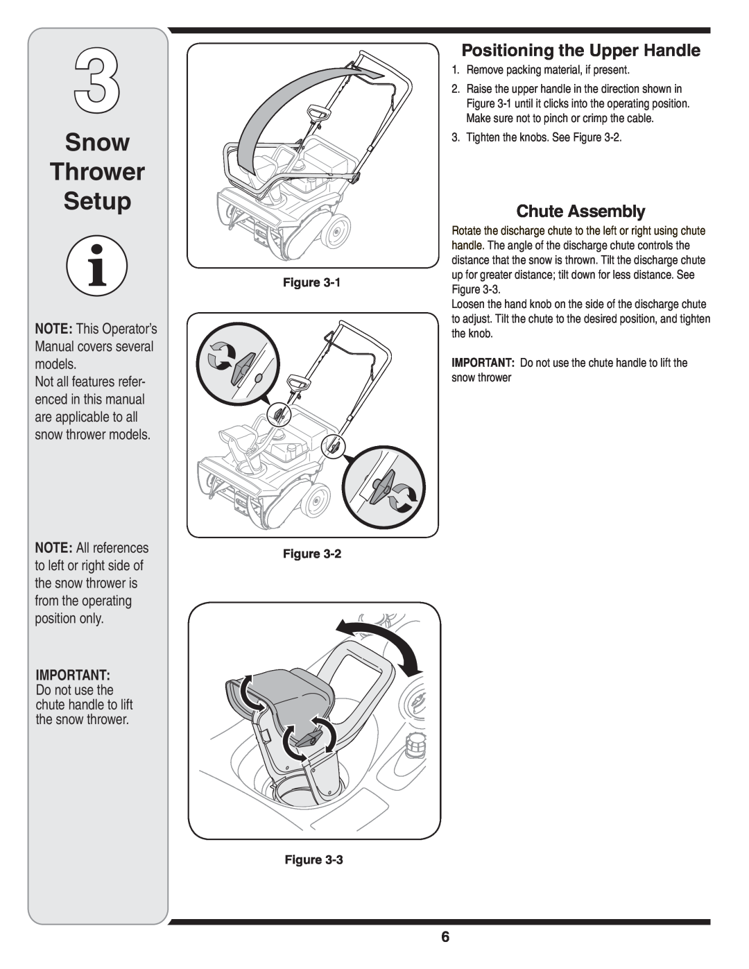 MTD 2N1 warranty Snow Thrower Setup, Positioning the Upper Handle, Chute Assembly, Figure Figure Figure 